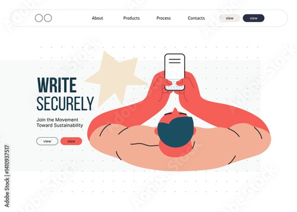 Obraz Writing people, modern flat vector concept illustration- sitting man thoughtfully writing on laptop, bubble near head, top view. Metaphor for reflection, insight, contemplation, creative expression