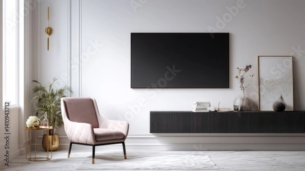 Fototapeta A blush pink velvet armchair sits in a minimalist living room,  next to a dark console TV stand and a large screen TV.  The room is decorated with simple, elegant style.