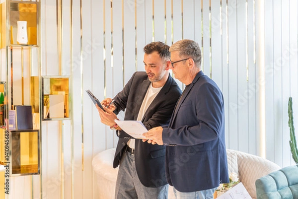 Fototapeta two Business man Executives Analyzing Financial Data Charts  Project in Luxury Interior Setting