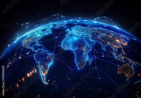 Fototapeta Digital Map of Earth with Global Network Connections and City Lights at Night