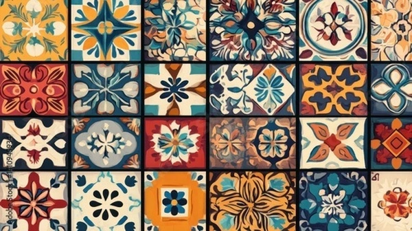 Fototapeta Bohemian kitchen with a mix of patterned tiles, handcrafted accents, and a creative, free-spirited design. 