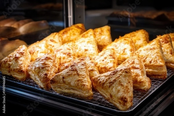 Fototapeta Display Case of Triangular Pastries on Wire Rack