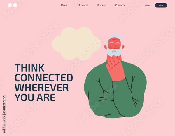 Fototapeta Thinking people, modern flat vector concept illustration- man standing thoughtfully, looking forward, bubble near his head Metaphor for reflection, analysis, introspection, contemplation, deep thought