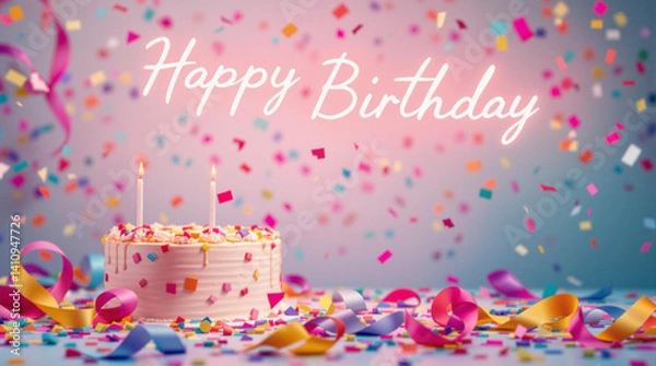 Fototapeta 'Happy Birthday' greeting card featuring a beautifully detailed cake adorned with lit candles, surrounded by colorful ribbons and multicolored confetti.