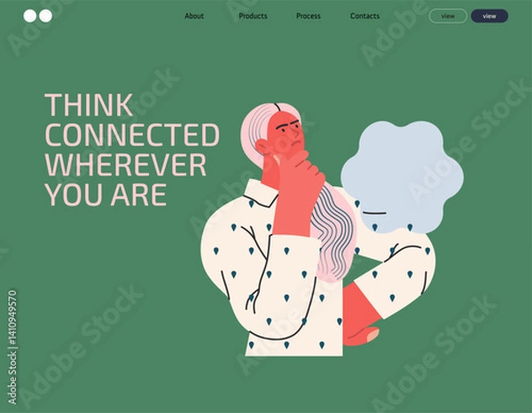 Obraz Thinking people, modern flat vector concept illustration- woman standing thoughtfully, looking upwards, bubble near head Metaphor for reflection, analysis, introspection, contemplation, deep thought