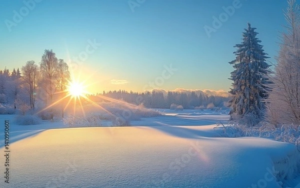 Obraz https://s.mj.run/xpFWPvMFSvQ A beautiful winter landscape with snow-covered trees and fields, the sun setting in the background casting long shadows over everything. The sky is clear blue without any 