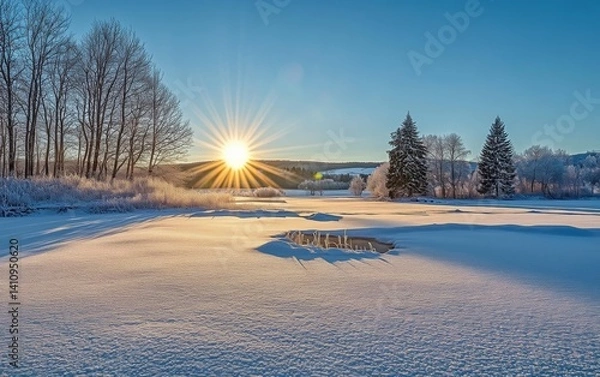 Fototapeta https://s.mj.run/xpFWPvMFSvQ A beautiful winter landscape with snow-covered trees and fields, the sun setting in the background casting long shadows over everything. The sky is clear blue without any 