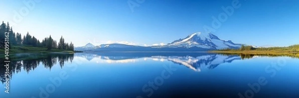 Fototapeta Panoramic View of Mount Rainier Reflected in Lake under Clear Blue Sky in Washington State, High-Resolution Scenic Landscape Photography