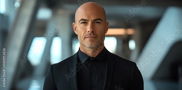 Obraz A serious bald man in a black suit looks directly at the camera in a modern office setting.  Perfect for corporate and business profiles.