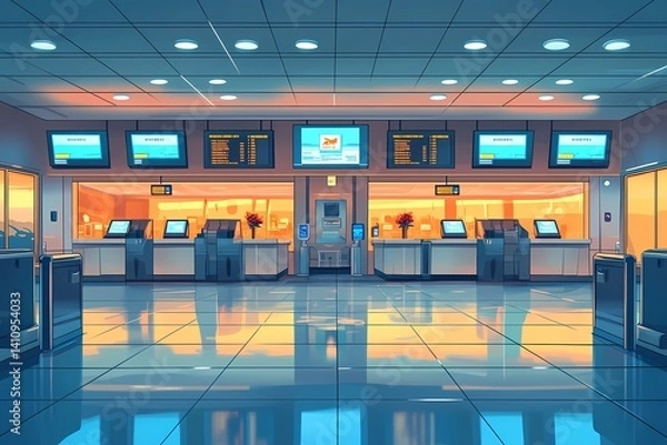 Fototapeta Modern Airport Terminal Check-In Counters. Efficiency and Convenience in Spacious Interior Travel Hub with Vibrant Blue Ambient Lighting