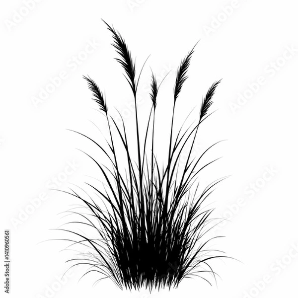 Fototapeta Black and White Vector Illustration of Grass and Reeds Silhouette in Natural Field Scenery