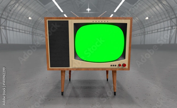 Fototapeta Vintage Television with Chroma Green Screen Resting In The Middle of an Empty Warehouse.