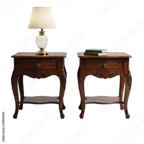 Fototapeta Elegant carved wooden bedside tables, showcasing intricate detailing and a classic lamp, creating a luxurious and sophisticated bedroom ambiance.