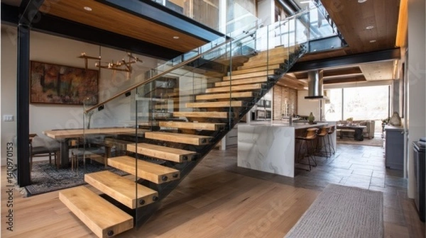 Obraz Floating wooden staircase with glass railing in open-plan home 