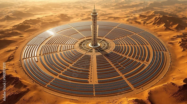 Fototapeta  drone view of a vast circular solar farm nestled in the desert, showcasing the intricate engineering and symmetrical arrangement of solar panels.