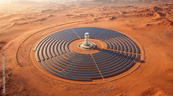 Fototapeta Drone aerial view of a circular solar farm in a desert landscape.
