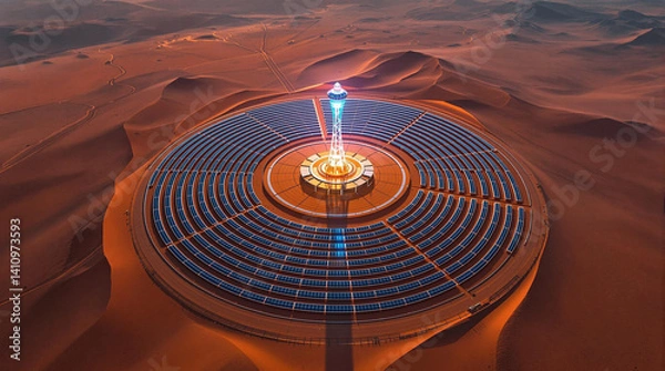 Fototapeta  drone view capturing the elegant symmetry of a circular solar farm in a desert landscape.