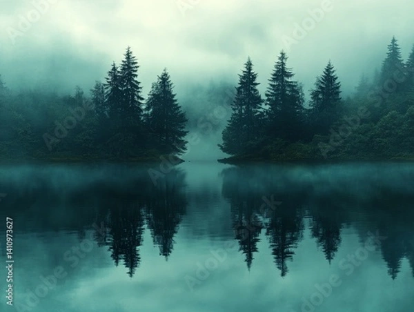 Fototapeta Eerie reflection of dark trees on a still lake shrouded in thick mist, creating a mysterious mood 