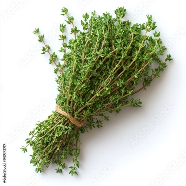 Fototapeta elegant bundle of fresh thyme delicate green sprigs soft fine details sharp defined structure subtle soft shadows isolated on white 