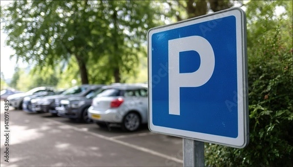 Fototapeta A close-up of a blue parking sign with a white "P" against a blurred parking lot symbolizes urban order and convenience. 