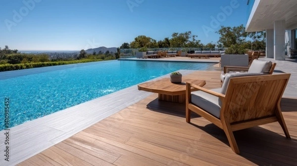 Obraz Luxury pool deck with teak furniture and seamless edge  