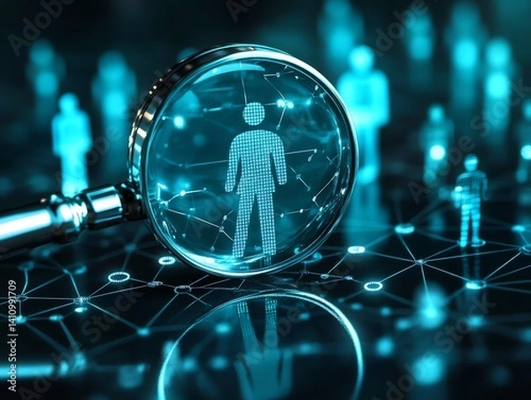 Fototapeta A magnifying glass reveals a digital person within a network of connections  The scene is dark blue with glowing lights creating a futuristic feel Perfect for technology or business concepts