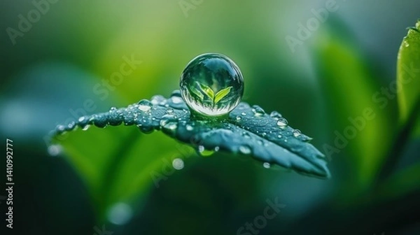 Fototapeta Seedling reflected in water drop on a leafy green plant with dew