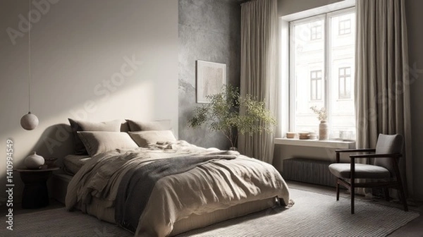Fototapeta Minimal bedroom with grey tones and soft linen textures 