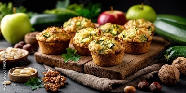 Fototapeta Zucchini muffins surrounded by nuts and herbs on a rustic table evoke homemade culinary charm. Perfect for food blogs, recipe books, or organic product ads