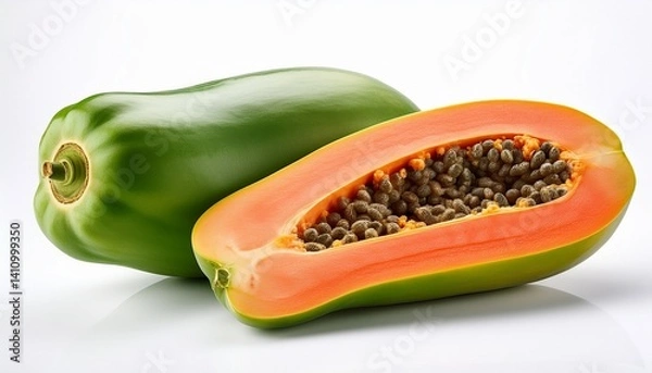 Obraz green papaya with slice and half isolated on white backgrond