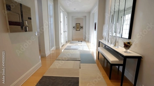 Fototapeta Minimalist entry hallway with neutral runners and sleek console  