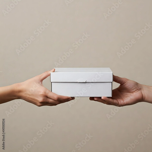 Fototapeta Two sets of hands exchanging a small white rectangular box