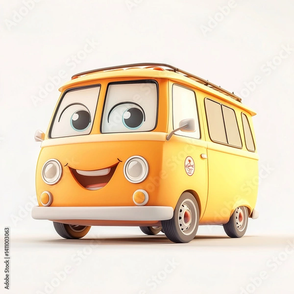 Fototapeta Cheerful animated yellow van with a smiling face and large expressive eyes, isolated on white background.