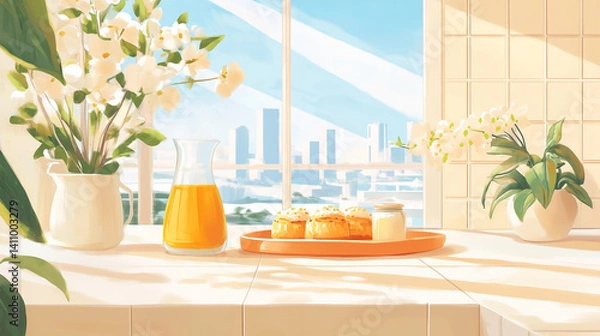 Obraz Bright kitchen table setting with freshly baked pastries and refreshing juice in a sunny atmosphere