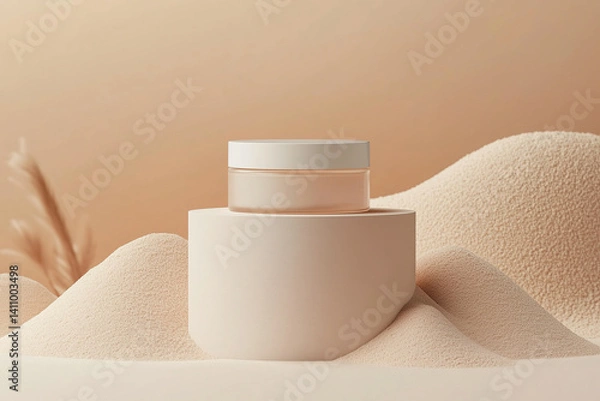Fototapeta Cosmetic cream jar mockup displayed on minimalistic sand-like background with soft colors