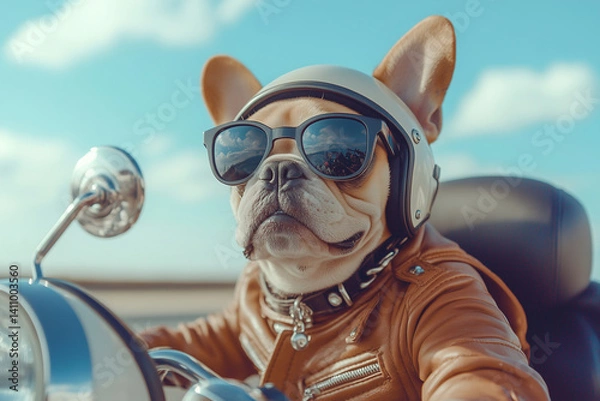 Fototapeta A French bulldog dressed in a leather jacket and helmet rides a motorcycle, enjoying a sunny day with clear skies.