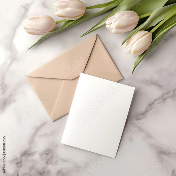 Fototapeta Empty greeting card, envelope, invitation mockup with delicate tulips on marble background. Top view