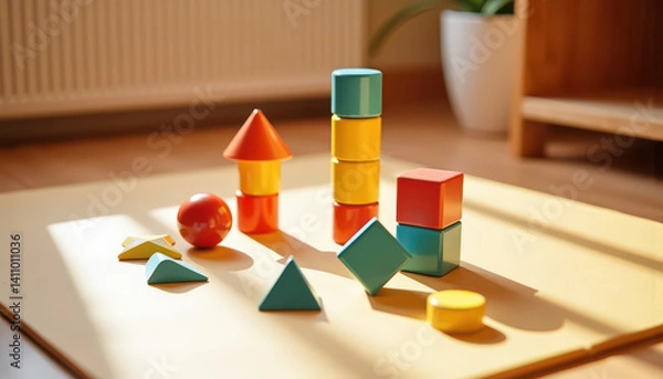 Fototapeta Assorted colorful wooden building blocks on mat
