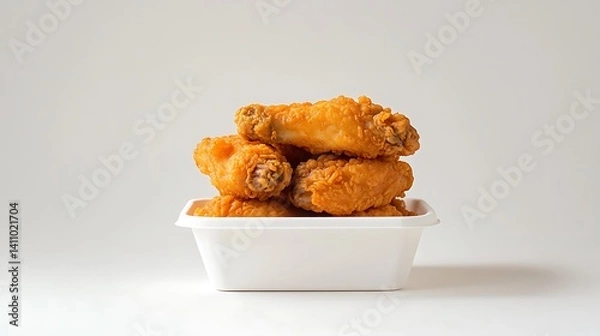 Fototapeta Stacked chicken wings, crisp and flavorful, in a take-out container, isolated on a white background