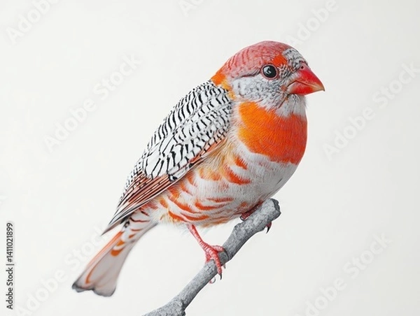 Fototapeta Vibrant Australian zebra finch perched delicately, feathers shining, isolated on a clear background