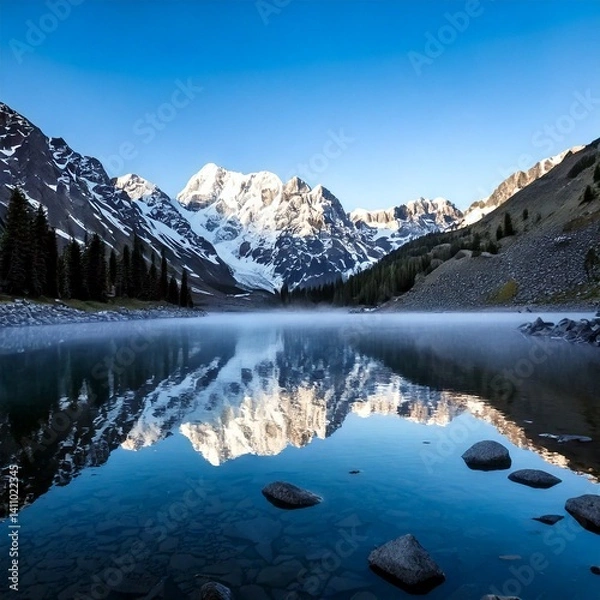 Obraz lake reflecting jagged snow-covered peaks with drifting 