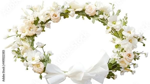 Fototapeta White wreath, decorated with flowers and ribbons, isolated on white background