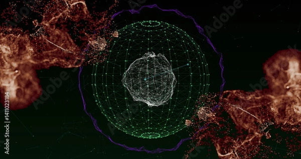Fototapeta Image of moving glowing lights and waves over black background