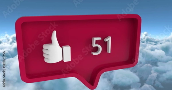 Obraz Image of speech bubble with numbers and like icon over clouds