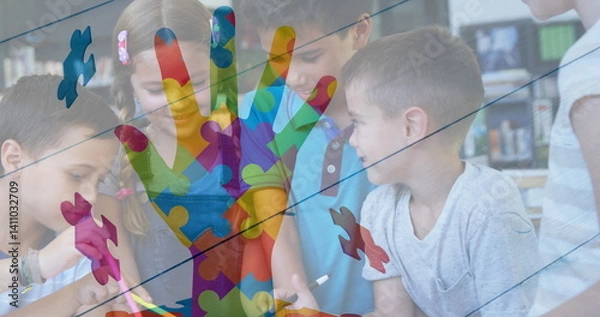 Obraz Image of colourful puzzle pieces and hand over school children using tablets