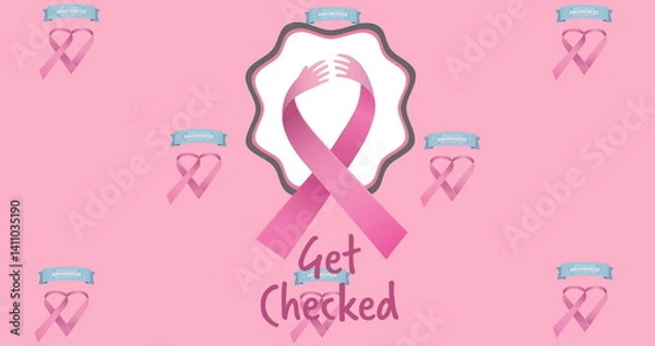 Fototapeta Image of get checked text with pink ribbon on pink background