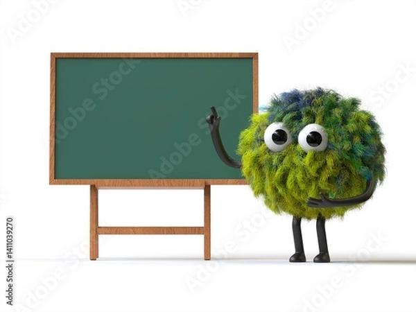 Fototapeta Fluffy, cute monster points to a blank chalkboard, symbolizing education or ideas. 3D rendering, conceptual image. Isolated on white background.