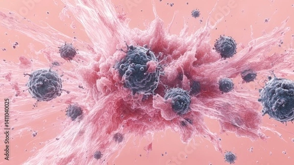 Fototapeta 3D rendering of dendritic cells and macrophage cells attacking cancer cell in human body, microscopic view of malignant tumor cells for medical research, oncology, health science, immunotherapy