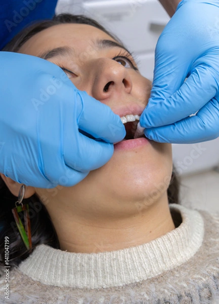 Obraz  Close-up of a dentist wearing blue gloves working on a female patient's teeth, possibly applying dental strips or performing a treatment