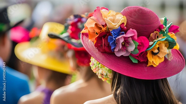 Obraz A woman wearing a colorful hat with feathers on it stands in front of a crowd